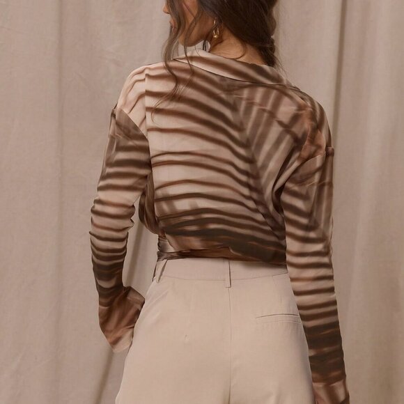 Multicolor Women's Elegant Boho Lapel Collared Chiffon Patterned Wrap top - Picture 3 of 6